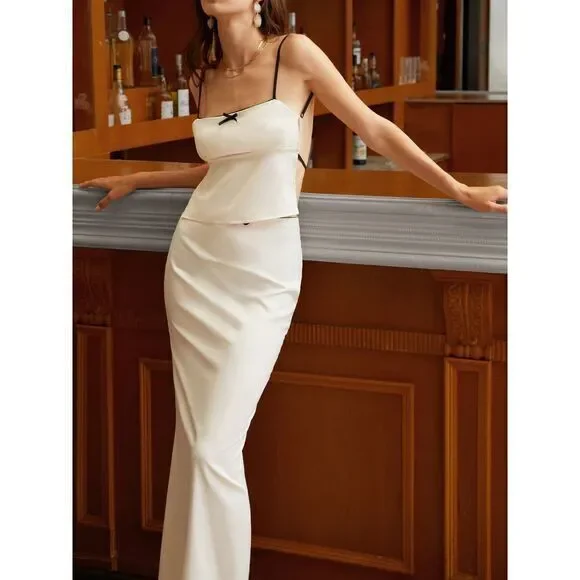 Commense Satin Elegant beige Spaghetti Straps and Bow Detail Maxi Skirt set S - Picture 1 of 15